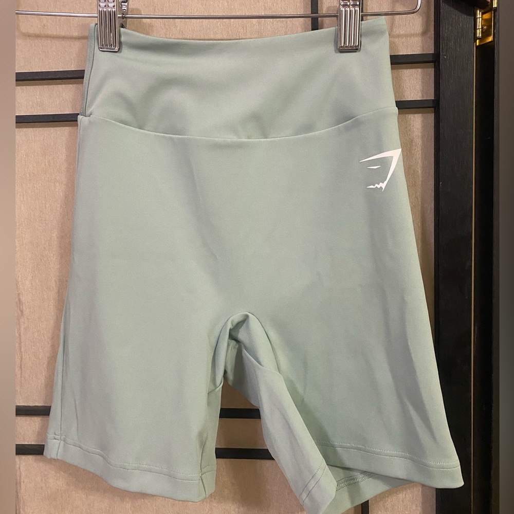 Gym shark shorts. Sage green. With butt scrunch.